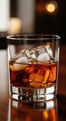 Clear glass filled with amber liquor and large ice cubes rests on a polished wooden surface.