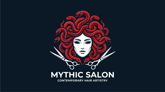 Mythic Salon Logo with Medusa and Scissors.