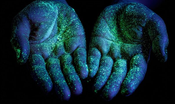 Close-up shows hands under UV light, highlighting glowing germs. Dark backdrop contrasts
