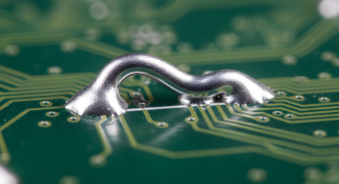 Macro shot of a shiny silver solder joint connecting two points on a green printed circuit board with intricate copper pathways visible