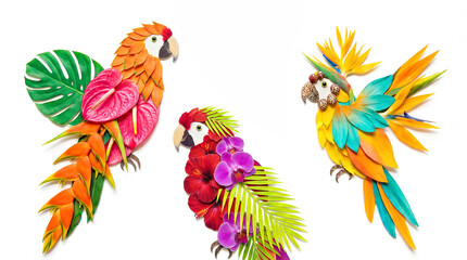 Obraz premium Colorful paper art representation of three tropical birds with vibrant feathers and leaves, showcasing a parrot, macaw, and cockatoo in a creative arrangement