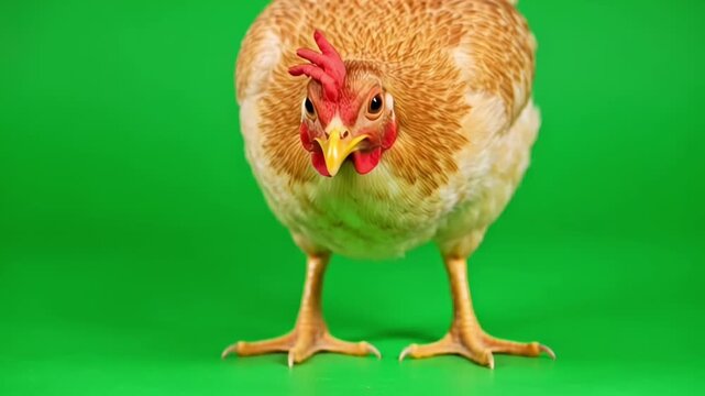 Close up of a curious chicken facing the camera on a bright green background.