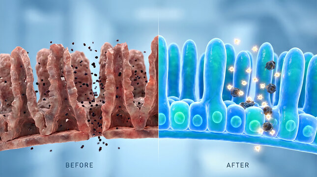 Intestinal villi structure before and after treatment, showcasing differences in health and cleanliness with visible particles and cellular details. 