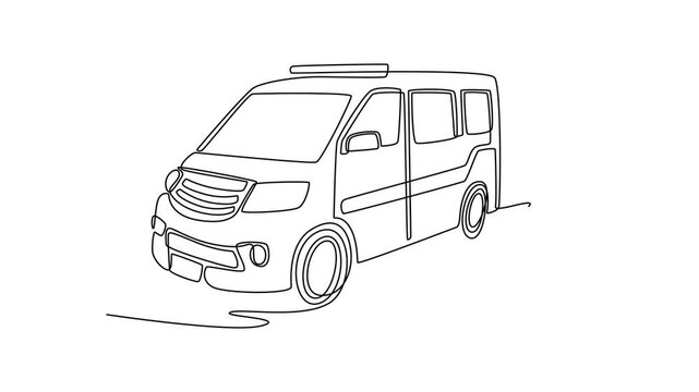 Animated self drawing of continuous line draw robust emergency transport van with a streamlined roof and front grille. Structure and modern engineering of the ambulance. Full length one line animation