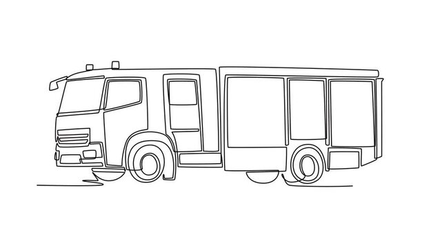 Animated self drawing of continuous line draw a fire engine designed for airport or industrial rescue. Long chassis and integrated equipment locker of response vehicle. Full length one line animation