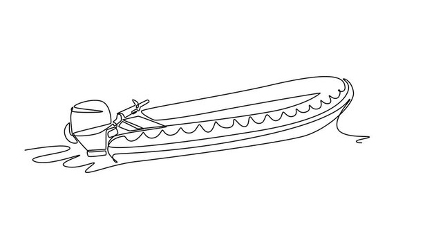 Animated self drawing of continuous line draw specialized rescue boat with outboard motor speeding across a water. Aerodynamic hull and ripples by the emergency vessel. Full length one line animation