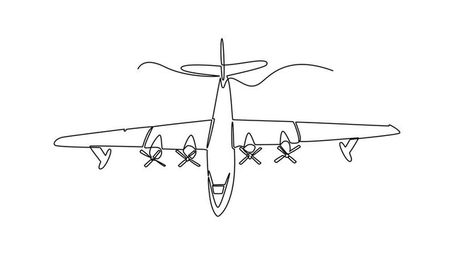 Animated self drawing of continuous line draw top view propeller plane, search and rescue or aerial firefighting. Expansive wingspan and aerodynamic form of aircraft. Full length single line animation