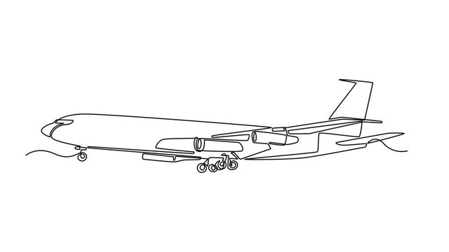 Animated self drawing of continuous line draw side view of jet aircraft, medical evacuation transport plane. Smooth fuselage, engine placement, speed and efficiency. Full length single line animation