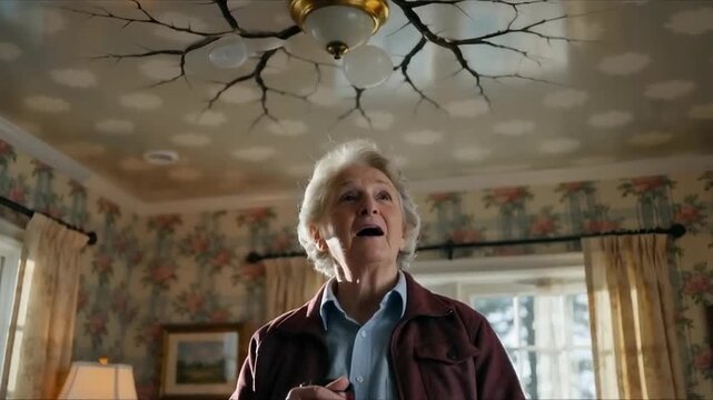 Elderly woman looking up at a unique ceiling light fixture in a warmly decorated room with floral wallpaper and soft natural light
