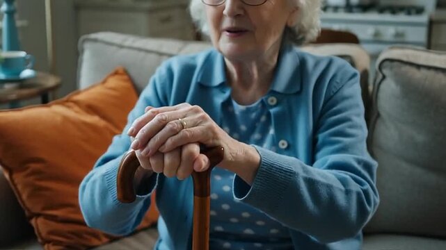 Elderly woman's hands clasped around a wooden cane, sitting on a cozy couch with orange pillows