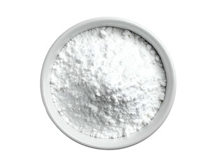 Overhead shot of a white ceramic bowl filled with fine, white powder, isolated on a black background (1)