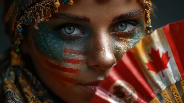 Woman with American and Canadian flag painted on her face