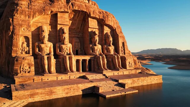 Grand Abu Simbel temple statues at sunrise by Lake Nasser