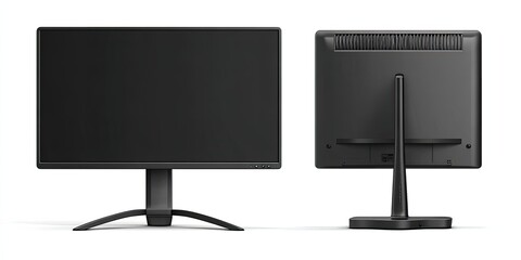 Front and back views of a sleek, modern, black computer monitor with stand