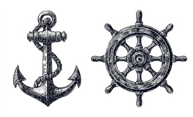 Nautical ink drawings of a detailed anchor with rope and a ship's wheel