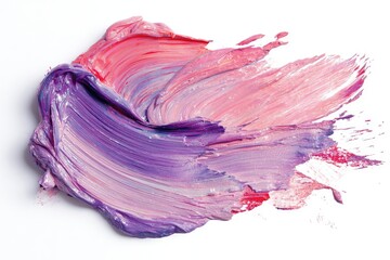 Close-up of layered paint strokes with hues of pink, red and purple on a white background