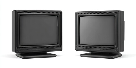 Two old-fashioned, black CRT computer monitors sit side-by-side against a white background