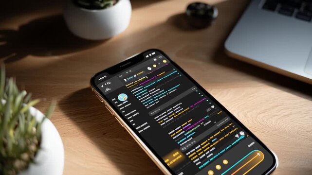 Coding on the Go: A modern smartphone showcases lines of code, signifying the integration of technology and information. Displaying elements of innovation and the power of portable computing.