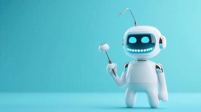 AI dentist robot examining patient with holographic dental tools, dental technology, futuristic health care
