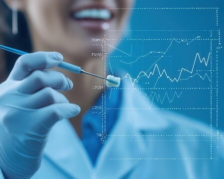 Woman flossing teeth in mirror with scientific data overlays, personal dental health monitoring