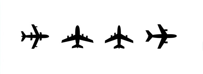 Black silhouettes of airplanes in a row against a white background, varying in size
