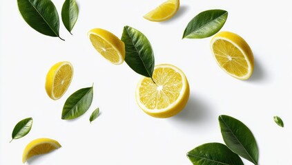 Vivid top-down shot of sliced yellow lemons and green leaves scattered on white