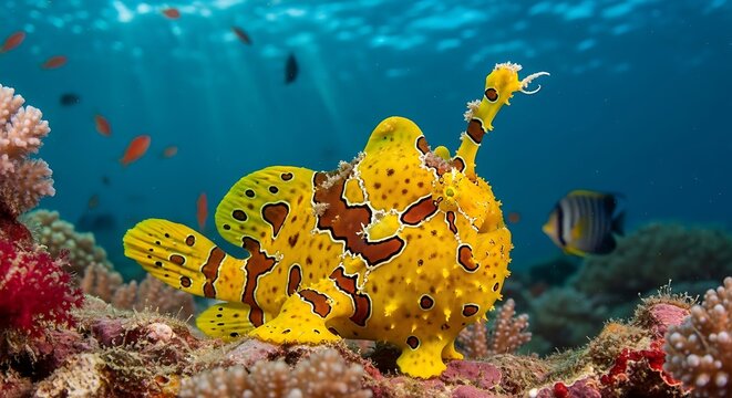 Vibrant yellow frogfish underwater showing unique camouflage and patterns