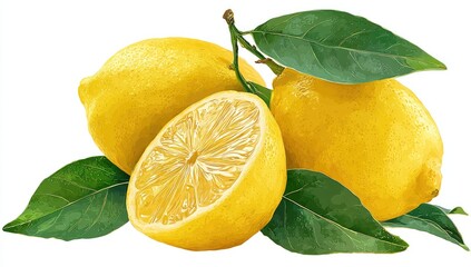 Three ripe yellow citrus fruits with green leaves, one sliced open, on white background