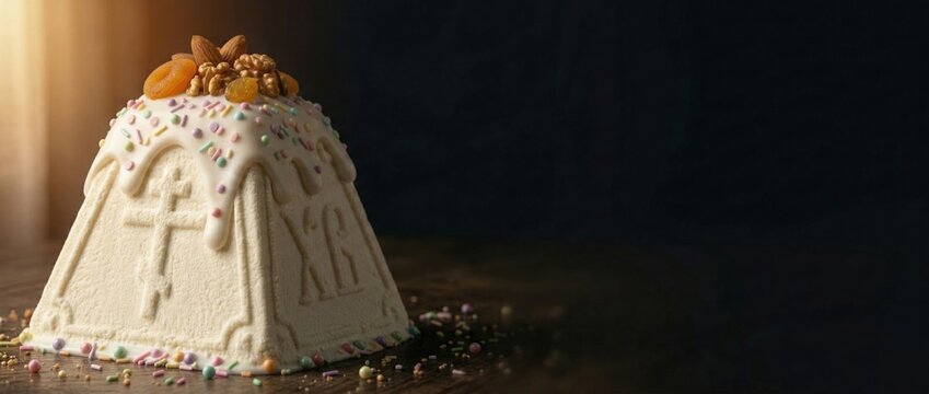 Cottage cheese paskha with icing drip, nuts and dried fruit, colorful sprinkles on wooden table. Dark moody background, side light, Easter dessert with copy space