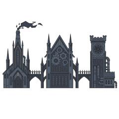 Gothic Cathedral Complex with Tower, Clock Tower, and Flying Creatures, Vector Illustration