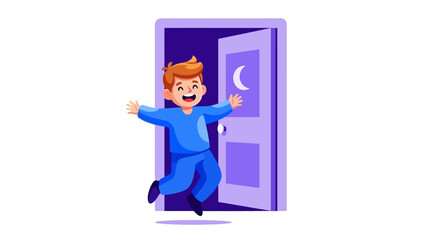 Man in blue pajamas jumping out of a doorway with a moon visible.