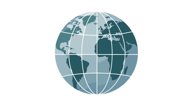 Graphic illustration of earth globe with continents and grid lines on white