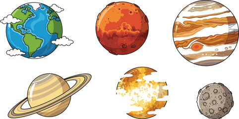 Cartoon Solar System Vector with Sun, Earth, Mars, Jupiter, Saturn, Moon – Cute Space Illustration for Kids and Education © MdAftab