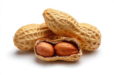Close-up of peanuts some in shell, some shelled, against a white background