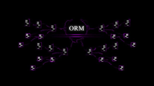 Abstract Digital Network Visualization with O R M Database Connection Concept Glowing Purple Lines and Nodes on Black Background