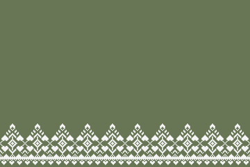 Green and white geometric folk bottom border pattern with pixel-style diamond ornaments and repeating decorative motifs. Wide open upper space suitable for textile panels, fabric trims, layouts, and b © Prayma