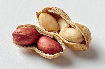 Close-up of open peanut shell revealing shelled nuts, on a white surface
