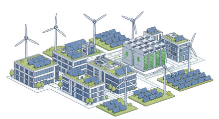 Sustainable city concept: green buildings with solar panels, wind turbines, and battery storage