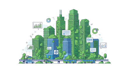 Fototapeta premium Sustainable Cityscape with Green Buildings, Eco-Friendly Transportation & Data Charts