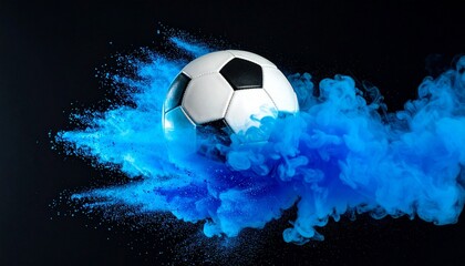 Fototapeta premium Soccer Ball Explosion with Vibrant Blue Powder for Sport Energy and Excitement.