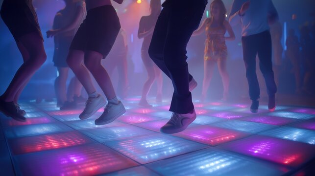 A vibrant party scene showcases friends enthusiastically playing a dance pad game, with colorful lights flashing above and dynamic music creating an energetic atmosphere in the background.