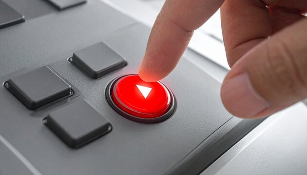 Finger pressing red play button on gray console start the show or podcast concept image close up lifestyle imagery.