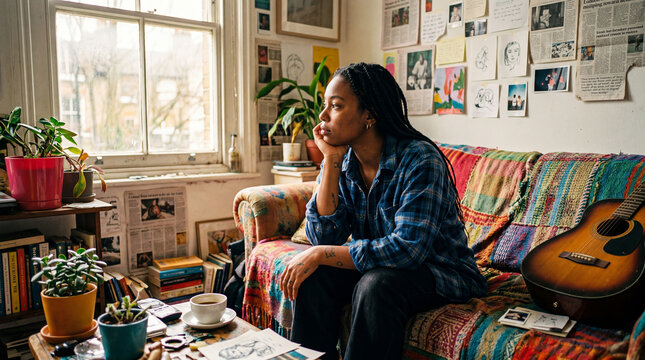 A young Black woman with long braids sits thoughtfully on a colorful sofa in her cozy, artistic apartment, looking out the window with an acoustic guitar and plants nearby in soft light