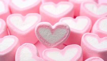 Obraz premium Pink Heart Marshmallows Close Up Sweet Treats for Valentines Day or Dessert Background.