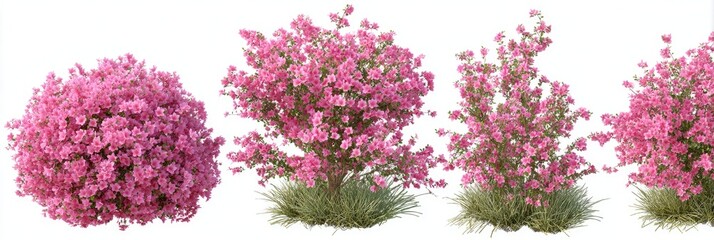 Four flowering bushes with pink blossoms and green foliage on white