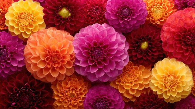 Assortment of vibrant, multicolored composite flowers fills the entire frame.