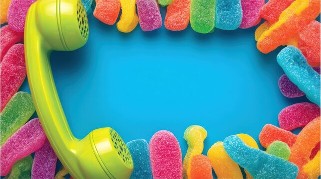 Brightly colored communication device rests amidst a border of sugary confectioneries on a solid blue background
