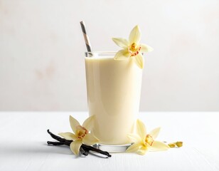 Creamy vanilla milkshake garnished with flowers on a bright background