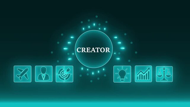 Digital Creator Concept Network Globe Connection Icons Business Innovation Technology Growth Startup Success. 4K video animation on blue background.