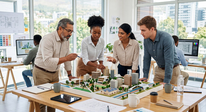 A professional group of diverse architects and engineers working together in a bright studio, examining a detailed scale model of an eco-friendly urban development project with green spaces